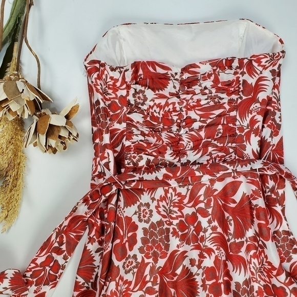 🔴 Campaign Brown Red Floral Belted Strapless Dress Size 6 - Picture 4 of 15